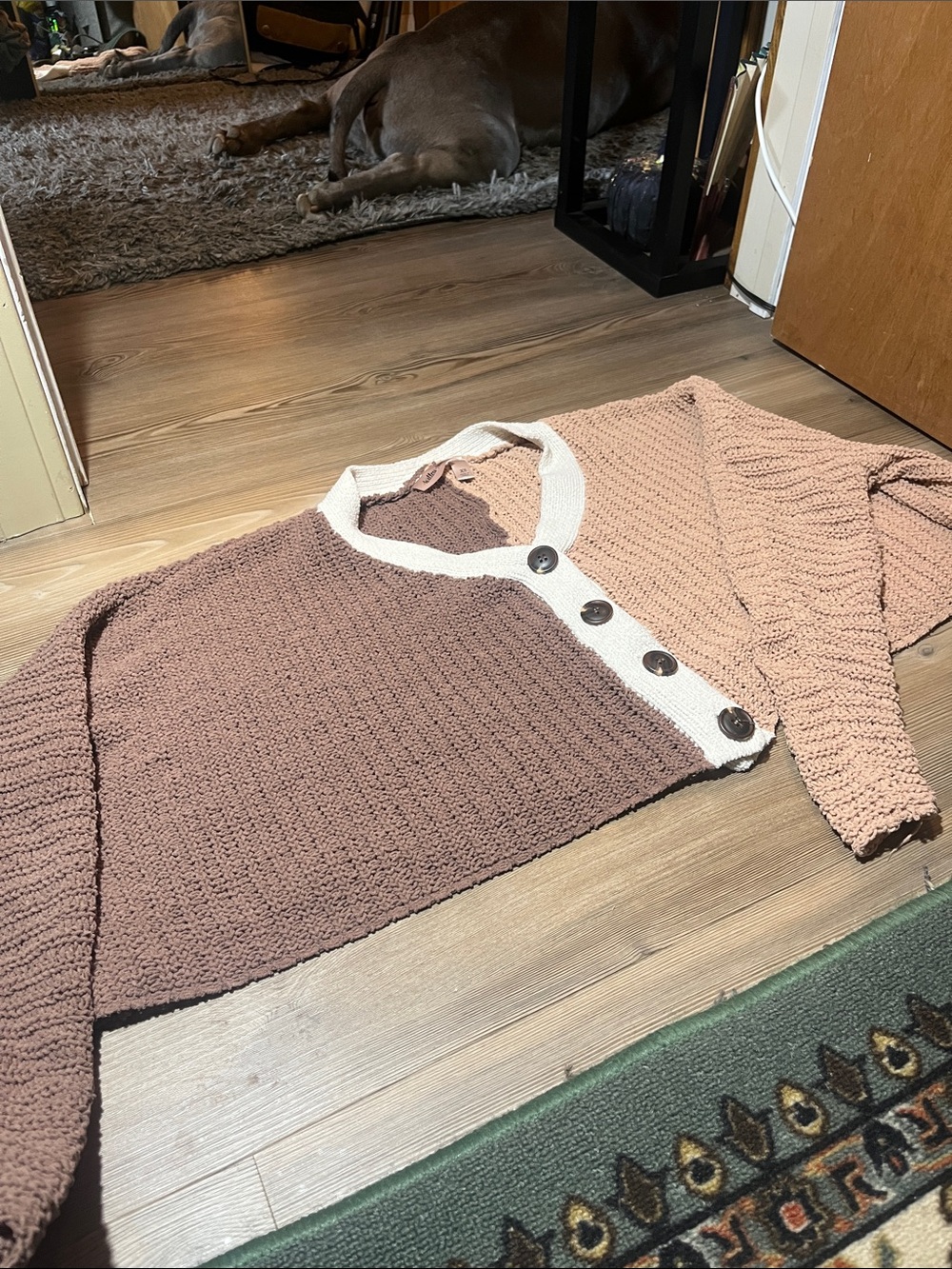 Willow+Root Two-Tone brown and tan Cropped Button-Front Women's Sweater